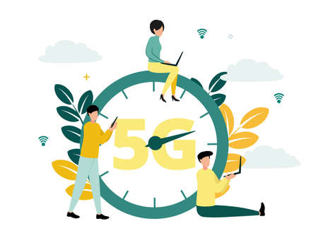 Vector illustration of 5G internet. Men and woman with a smartphone and laptops near a large clock with a 5G sign, on the background of network icons, clouds, plantsのイラスト素材