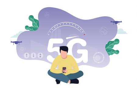 Vector illustration of 5G internet. A man with a smartphone in his hands sits near a 5G sign, above...