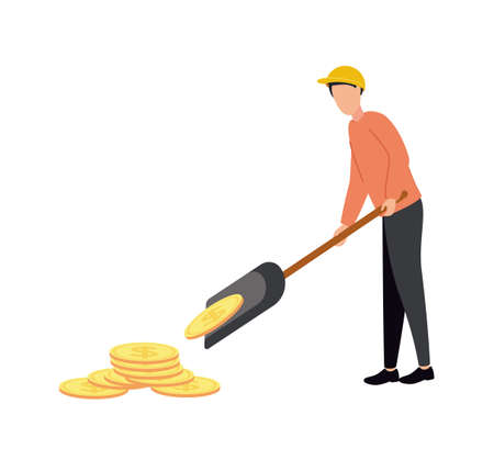 Vector illustration of a man in a helmet with a shovel collects dollar coinsのイラスト素材