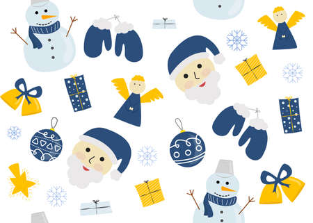 Vector illustration of New Year and Christmas seamless pattern with santa claus, snowman, angel,...