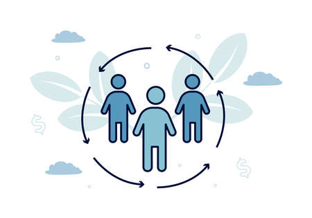 Finance. Vector illustration of factoring. In a circle of arrows, three silhouettes of a man, against a background of leaves, clouds, dollar signs.のイラスト素材