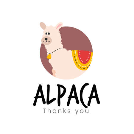 Vector illustration of a logo with an alpaca animal and the inscription thank you. Alpaca emblem with Alpaca thank you lettering.のイラスト素材