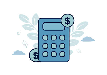 Finance. Vector illustration of accounting. Calculator, dollar coins on the sides, against the background of leaves, cloud, starのイラスト素材