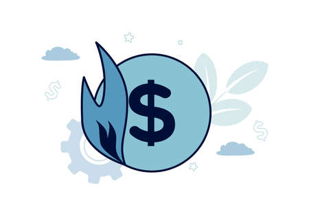 Finance. Vector illustration of inflation. Fire on the dollar coin, against the background of leaves, gear, clouds, starsのイラスト素材
