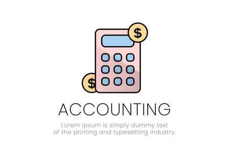 Finance. Vector illustration logo accounting. Calculator, on the sides of the dollar coin, below it the inscription accounting.のイラスト素材