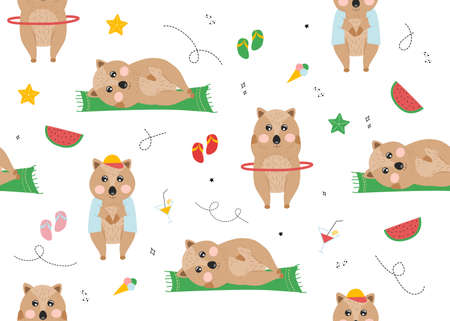 Seamless pattern with quokka. Vector illustration with animal quokka, ice cream, watermelon, cocktail, slippers, star, doodle.のイラスト素材