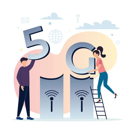 5G mobile internet. A woman on the stairs puts the letter G on the tower, the man puts the number 5,...