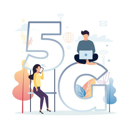 5G mobile internet. A man with a laptop sits on the letter G, a woman with a smartphone sits at the...