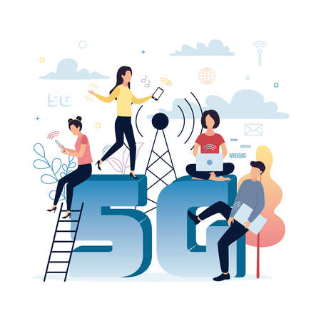 5G mobile internet. A man and a woman with a laptop sit on the letter G, women with smartphones on...