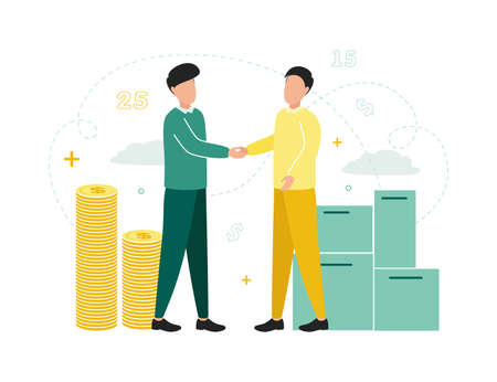 Finance. Forfaiting. Men shake hands, next to them are stacks of coins, boxes, against a background of clouds, numbers, dollar signs. Vector illustrationのイラスト素材