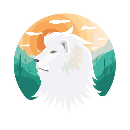 White lion on a background of greens, cactus, sun. White lion emblem with nature on the background. Vector illustration.のイラスト素材