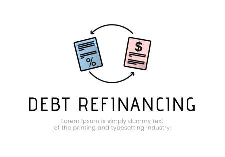 Finance. Debt refinancing. Logo with documents between arrows, with percent and dollar icons, debt refinancing inscription. Vector illustrationのイラスト素材
