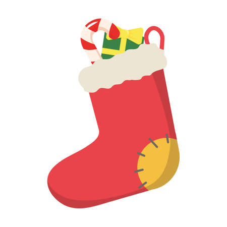 Christmas sock with gifts, candy. New Years boot with candy and a gift box. Vectronic illustrationのイラスト素材