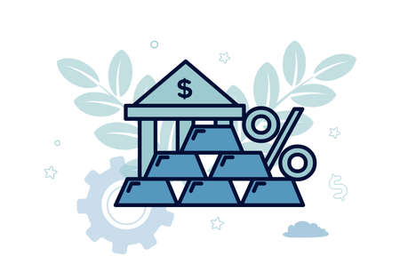 Finance. Deposit in precious metals. Gold bullion logo, interest, bank with dollar sign, inscription deposit in precious metals. Vector illustration.のイラスト素材