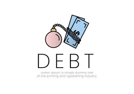 Finance. Debt. Dollar bill logo in chains of shackles with a load, the inscription debt. Vector illustration.のイラスト素材