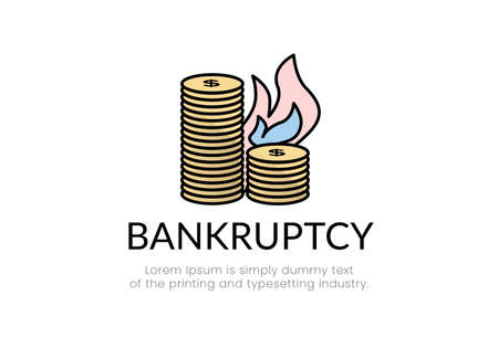 Finance. Bankruptcy. Logo fire near stacks of dollar coins, inscription bankruptcy. Vector illustration.のイラスト素材