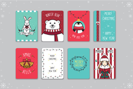 Image with Christmas cards. Merry Christmas and Happy New Year greetings. Christmas postcards with bunny, polar bear, penguin, bells, garland and elf. Vector illustration.のイラスト素材