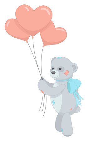 A teddy bear with a blue bow on its neck holds heart-shaped balloons. Vector illustration. Valentines Day. The 14th of February. Love.のイラスト素材