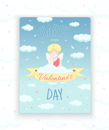 Valentines Day card. Angel on a cloud. Vector illustration. The 14th of February. Love.のイラスト素材