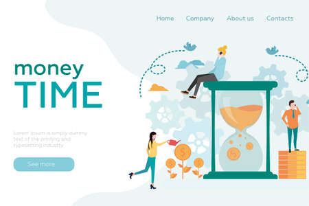 Wesite header. Time management. The girl sits on a large hourglass. The girl waters the coins. A man...