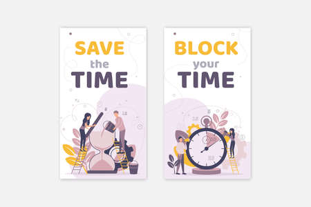 Web banner time management. Man and woman save time. Vectorのイラスト素材