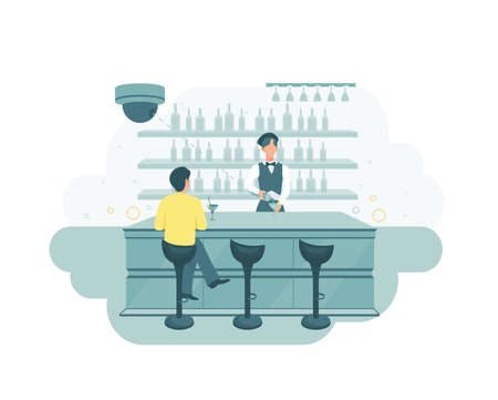 Video surveillance in the bar. A CCTV camera watches the visitors and the bartender. Bar security. CCTV vector.のイラスト素材