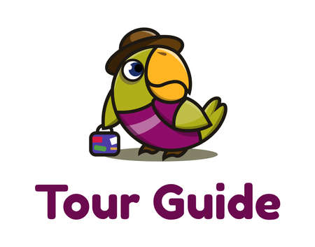 Business parrot  with a suitcase in a hat. Travels. Vector image.のイラスト素材