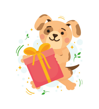 A dog with a gift. The puppy holds the gift box in his paws. Cute animal.のイラスト素材