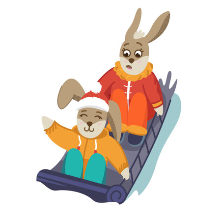 Two rabbits on a sled slide down the slide. Cute rabbit in winter. Christmas and New Year. Vector illustrationのイラスト素材