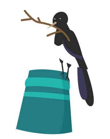 The magpie holds a branch in its beak. Forty sydine on a bucket. Vector illustration.のイラスト素材