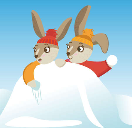 Two rabbits hide behind a snowdrift. Cute rabbit in winter. Christmas and New Year. Vector illustration.のイラスト素材