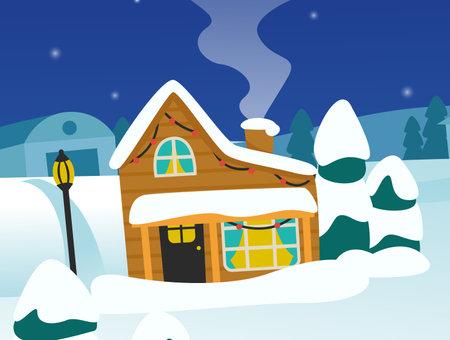 Nice house in the snow. Christmas and New Year. Vector illustration.のイラスト素材