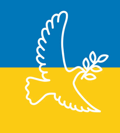 A blue yellow pigeon flies. A symbol of peace in support of Ukraine. Linear vector illustrationのイラスト素材