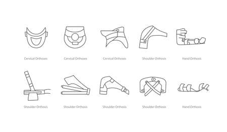 Orthoses of the head, neck and shoulder, a set of vector icons in linesのイラスト素材