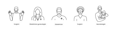 A set of icons for a surgeon and neonatologist, a gynecologist and an obstetrician.のイラスト素材