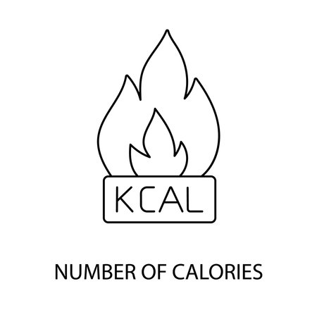 Number of calories line icon vector for food packaging, illustration of fire flame and kcal lettering.のイラスト素材