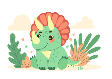 Cute dinosaur triceratops flat illustration of a cheerful up historical characterのイラスト素材