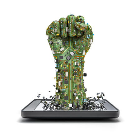 Data fist tablet, 3D render of raised fist made of computer circuit board bursting from tablet computer