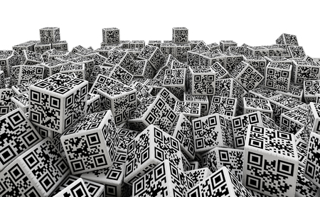 QR code dice pile, 3D render of dice with qr codes for numbers 1 through 6 on sidesの写真素材