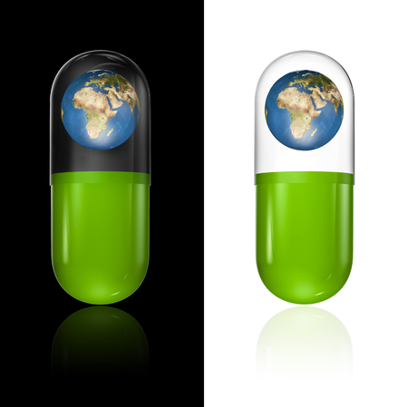 World medicine, 3D render of planet Earth inside medical capsuleの写真素材