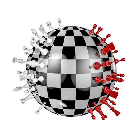 Chess planet, 3D render of globe shaped chess setの写真素材