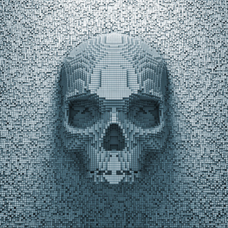 Pixel skull  3D render of pixelated skullの写真素材