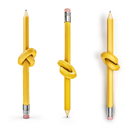 Knot pencils, 3D render of knotted pencil standing upright and flatの写真素材