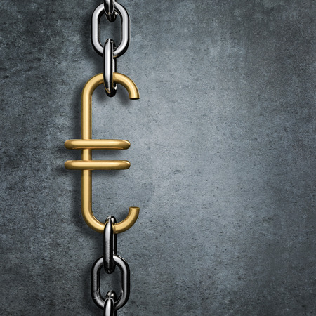 Chain link euro, 3D render of metal chain with gold euro symbol linkの写真素材