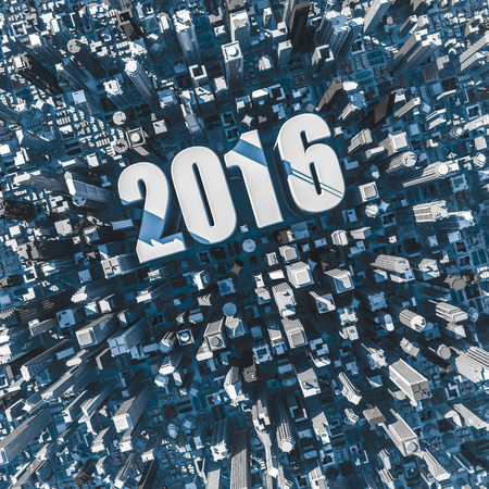 City 2016, 3D render of aerial city view with text 2016