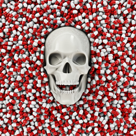 Medical problem  3D render of human skull surrounded by hundreds of pillsの写真素材