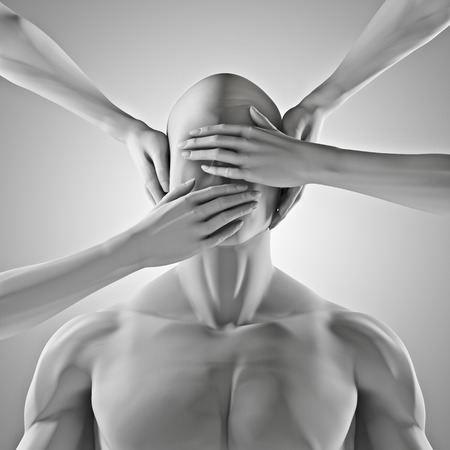 Speak no evil  3D render of male figure with hands covering eyes, ears and mouthの写真素材