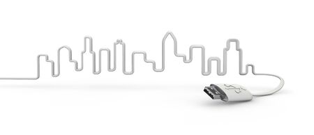 USB-city  3D render of city skyline formed by USB cableの写真素材