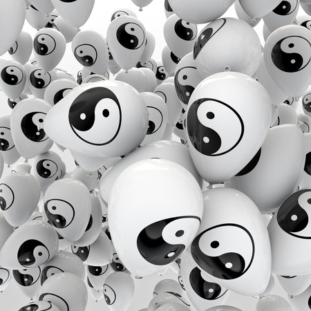 3D render of balloons with yin-yang harmony symbolの写真素材