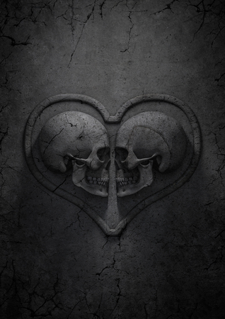 Gothic valentine, 3D render of stone skulls forming heartの写真素材